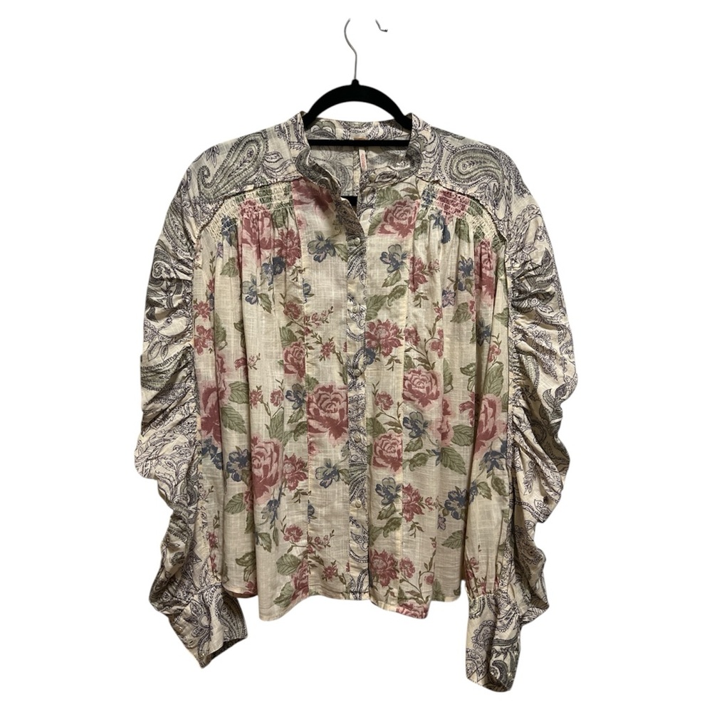 Free People Cream Floral Button-Up Blouse with Pink Roses
